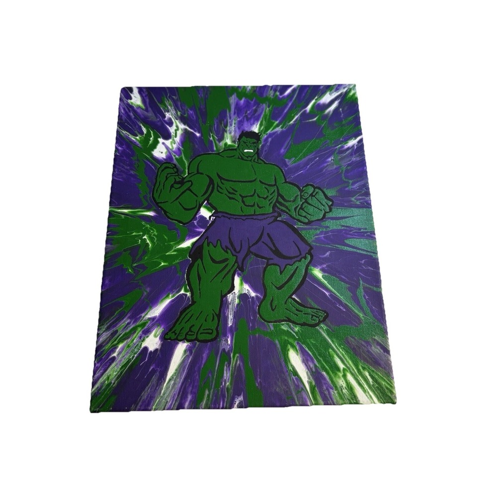 Marvel Incredible Hulk Hand Painted Canvas Art Spin Paint Purple‎ Green Hulk Art